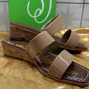 Sam Edelman Sz 7 Patent Two-Strap Cork Wedge Sandals in Beige NIB